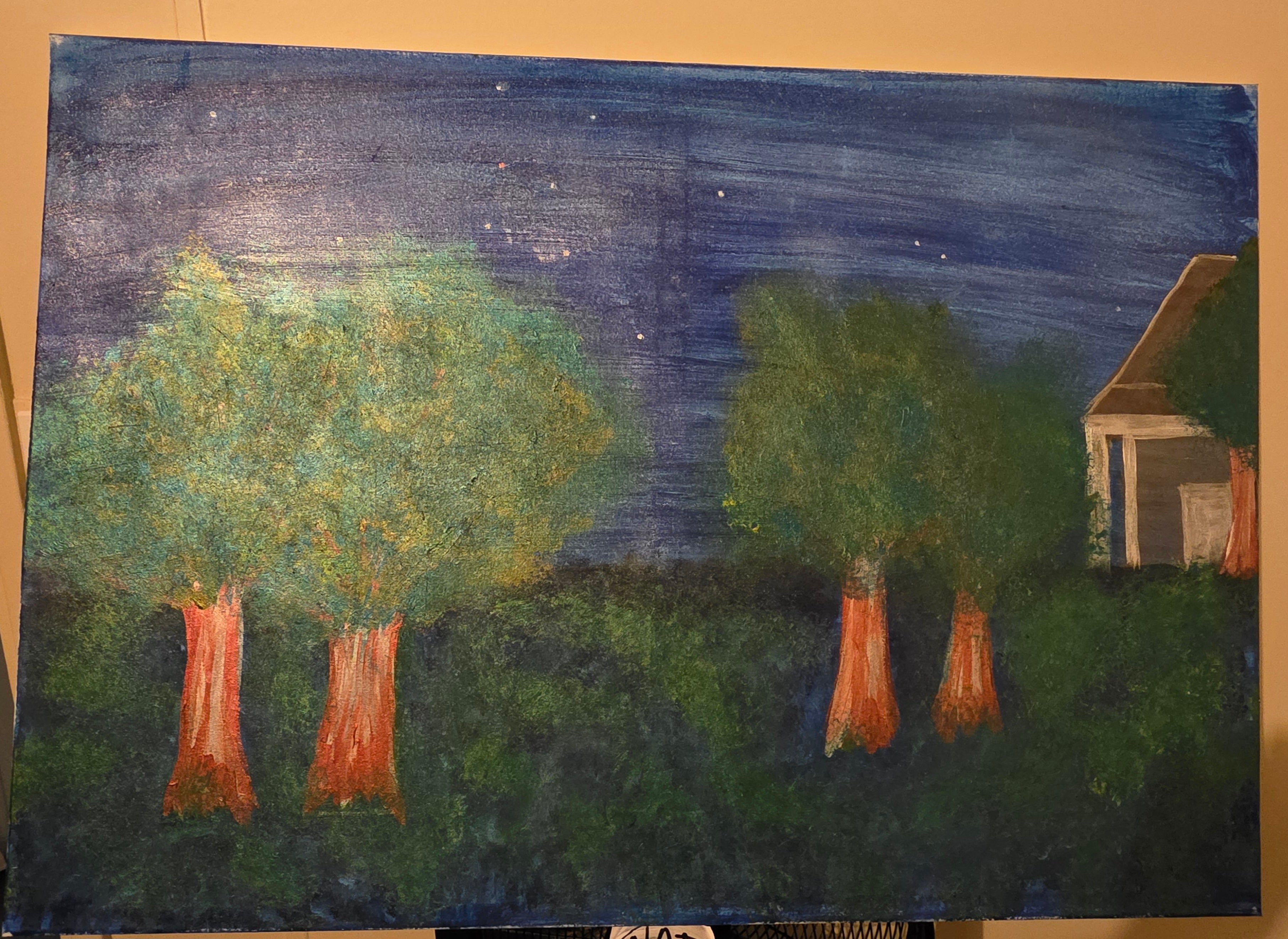 2 x canvas original paintings by nikkycole08 titles secret forest and nights sky